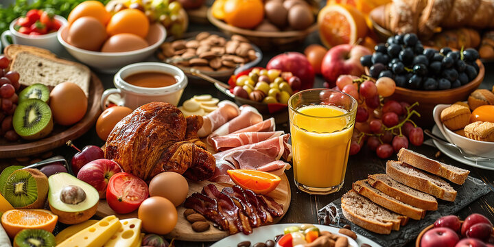 breakfast buffet, full english and continental, large selection of brunch and breakfast table top with egg toast, bacon, orange juice, croissant, coffee, fruit and nuts