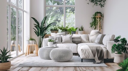 modern living room with plants, Modern Green Spaces: Inspiring Living Rooms with Abundant Indoor Plants and Natural Light
