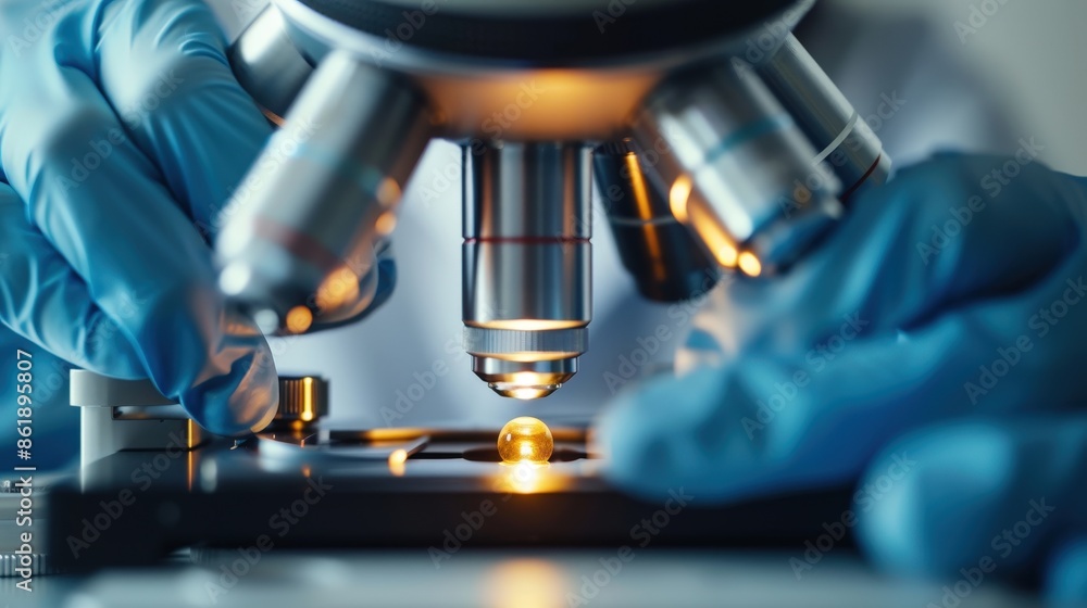 Poster a close-up image of a microscope lens being adjusted by gloved hands in a laboratory setting