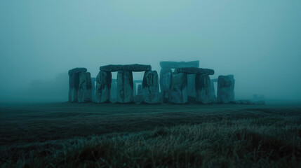 Monolithic stone structures stand solemnly in a mist-laden landscape. The fog adds an ethereal and mysterious atmosphere to the ancient site.