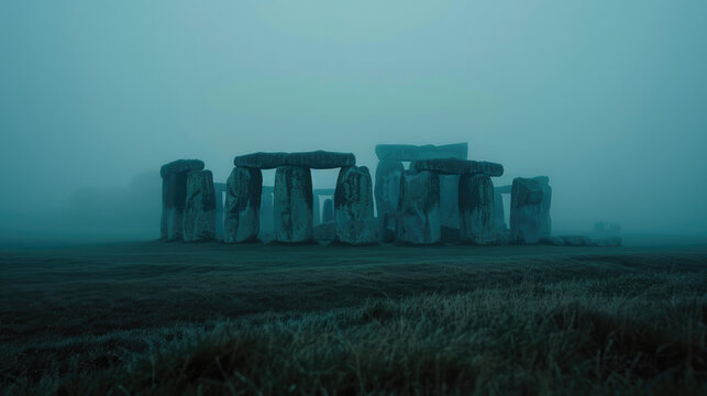 Monolithic stone structures stand solemnly in a mist-laden landscape. The fog adds an ethereal and mysterious atmosphere to the ancient site.