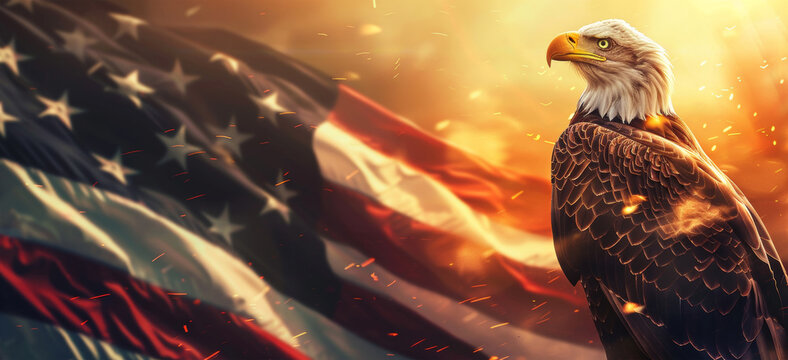 Bald eagle standing against an American Flag background. US Independence Day or July 4th background