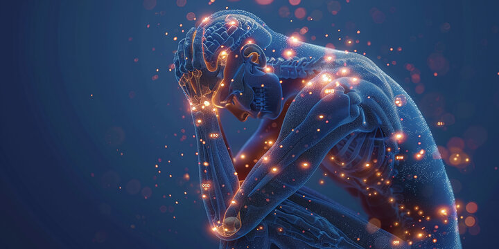 A person with fibromyalgia, depicted as dots of light, symbolizes severe pain and fatigue. This concept raises awareness of chronic pain, highlighting issues of invisible illnesses