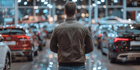 Man shopping for a car at a dealership browsing vehicles on display