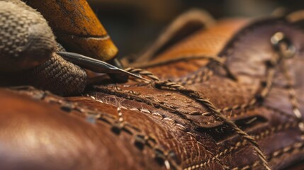 A close-up shot of a craftsperson stitching a brown leather boot by hand