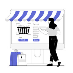 Shopping online. Woman choosing goods at store, ordering and paying online in app. Vector illustration with line people for web design.