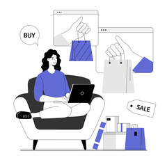 Shopping online. Woman making purchases, ordering delivery and paying with credit cards. Vector illustration with line people for web design.