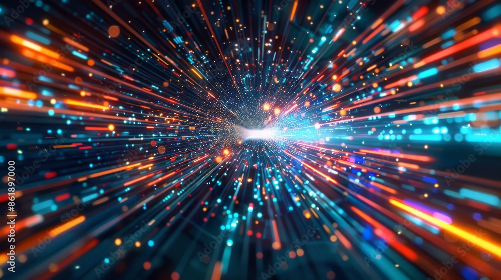 Poster dynamic explosion of blue and orange light streaks, creating futuristic scene with burst of energy a