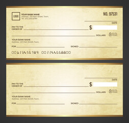 Blank bank check. Checkbook cheque template. Checkbook cheque template with brown theme. Money payment voucher or pay cash cheque certificate.