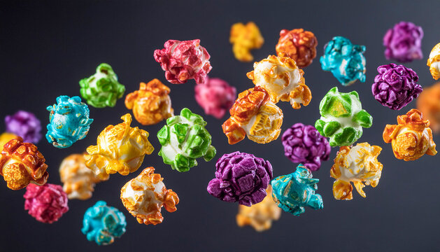 Coloured sweet popcorn flying or floating in the air, on a black background
