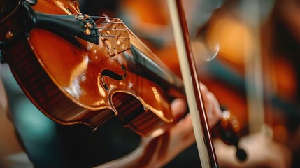 Fototapeta premium A close up view of a violin being played by a musician during a concert