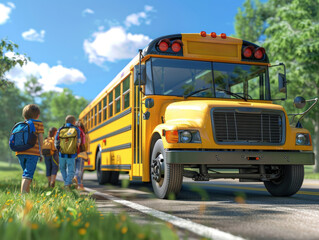 Yellow school bus stopped on the road waiting for children to get in through the side door