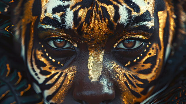 Person with artistic tiger face paint and body art. Body-art animal background. Unique body painting and creative make-up concept.