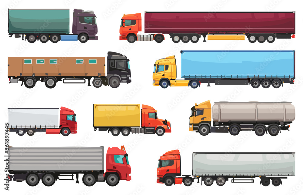 Poster truck and vehicles set. logistic trailers cargo cars. transportation industry car. goods delivery tr