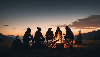 A group of friends camping around a crackling bonfire, with the sunset in view

