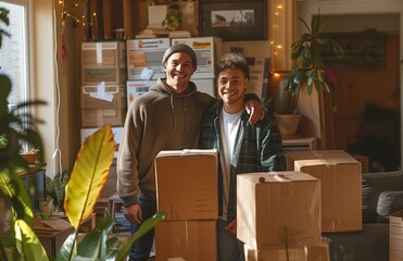 Young smiling gay couple moving into new home, surrounded by boxes and furniture in apartment living room