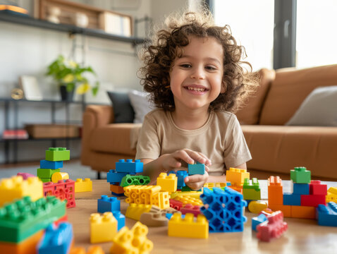 Portrait of a smiling child playing with a lot of blocks making constructions while sitting at a table in the living room