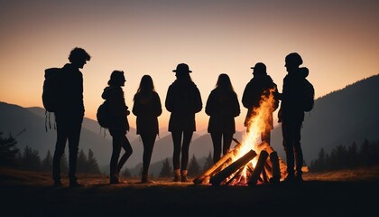 Fototapeta premium A group of friends camping around a crackling bonfire, with the sunset in view 