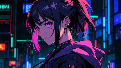 Futuristic 3D render anime cyberpunk characters cartoon video game magenta neon city lights night