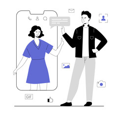 Conference video call, online communication. Man talking with woman online through the phone screen. Vector illustration with line people for web design.