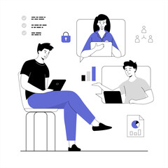 Video conference and call. Online meeting and telecommunication, remote workers and employees. Vector illustration with line people for web design.