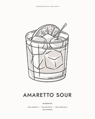 Amaretto sour. Cold cocktail with a slice of orange and cherry in a glass glass. A classic alcoholic drink. Illustration for drinks cards, bar and wedding menus, cards and website graphics.