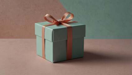 Elegant giftbox gift box over minimalistic mockup background backdrop, holiday concept, Generative AI