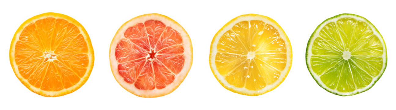 Set of sliced citrus fruits, top view, isolated on a transparent background