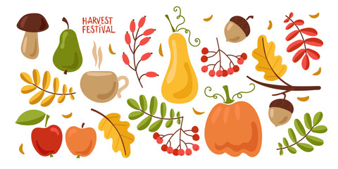 Collection of autumn attributes, autumn elements. Vector set of fall icons or stickers, autumn card.