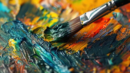 Fototapeta premium A paintbrush with a dark blue paint is being applied to a palette with various colors of oil paint