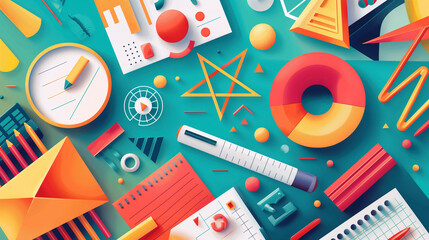 Obraz premium Dynamic back to school background with a burst of colorful geometric shapes and symbols representing different academic subjects