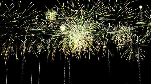 Fire Work Shoot In The Sky Party Night Fir Work Celebration Background.  Fire Work Animation On Alpha Background. Fire Work Display Light Noise Effects, Marriage Or Party Celebration Fire Work Explosi