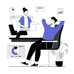 Video call, virtual conference, online communication. Man talking and discussing business tasks via virtual video chat. Vector illustration with line people for web design.