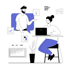 Virtual meeting, online teamwork. Woman and man having video chat, discuss work issues. Vector illustration with line people for web design.