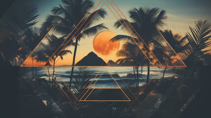 Vintage travel fusion  tropical sunset collage with palm trees and geometric overlays
