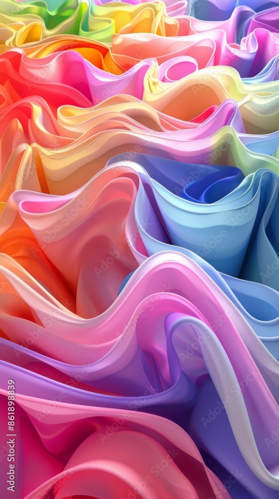 Poster waves of different sizes cascading down a vibrant multicolored background.