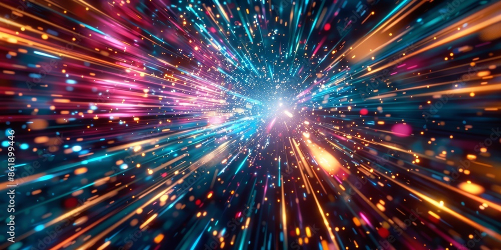 Poster a dynamic and colorful abstract light burst explosion with tunnel effect showcasing motion and energ