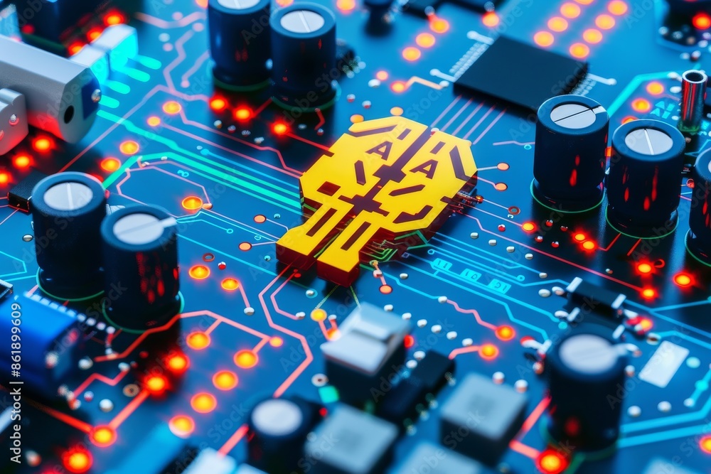 Poster ai circuit board with yellow highlights, artificial intelligence, advanced tech, digital electronics