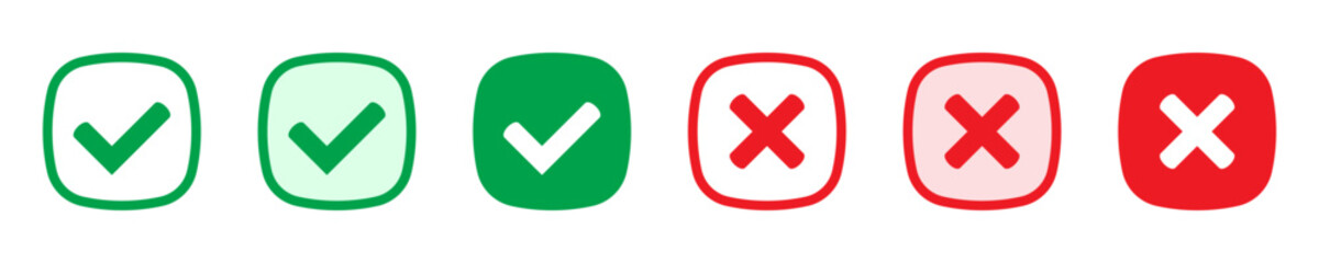 Right or wrong icons. Green tick and red cross checkmarks. Yes or no symbol, approved or rejected icon for user interface.