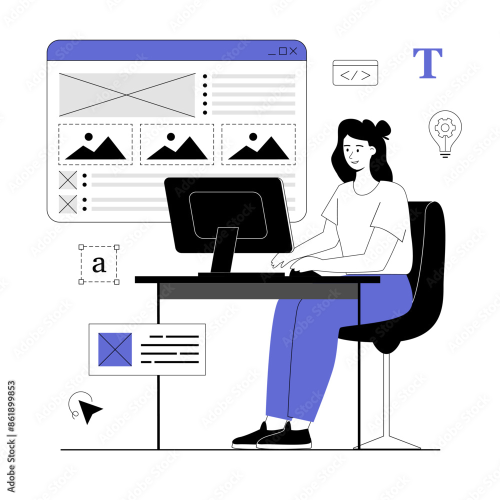 Poster web development concept. sites creation and optimization, content filling. woman work with site mock