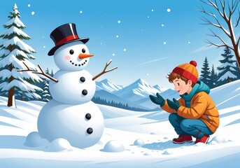 Naklejka premium Child Building Snowman in Winter Wonderland