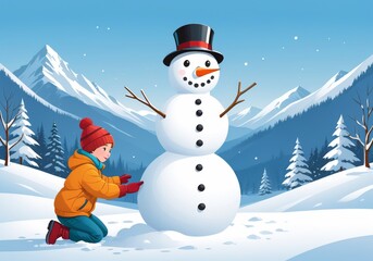 Obraz premium Child Building Snowman in Winter Wonderland