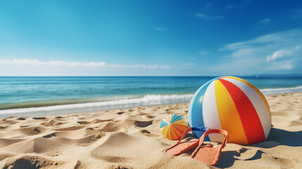 Obraz premium Arrière-plan de plage, sable et mer avec un ballon au premier plan. Vacances, soleil, été, océan. Pour conception et création graphique.