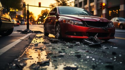 Urban twilight car accident  damaged vehicle, debris, blurred city traffic in background