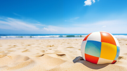 Obraz premium Arrière-plan de plage, sable et mer avec un ballon au premier plan. Vacances, soleil, été, océan. Pour conception et création graphique.