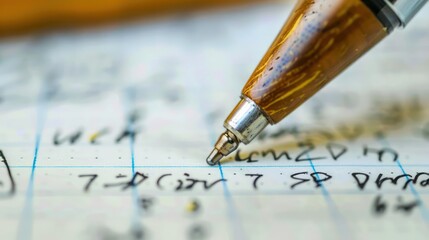 Closeup of a pen writing equations in a notebook, with copy space