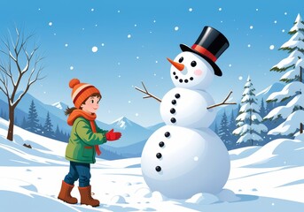 Child Building Snowman in Winter Wonderland