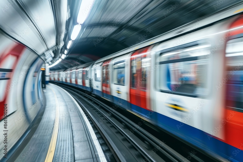 Poster subway train speeding in underground tunnel with dynamic motion blur creating a sense of speed