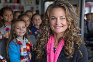 Smiling Woman With Young Girls on a Bus During a Field Trip