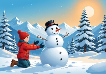 Obraz premium Child Building Snowman in Winter Wonderland